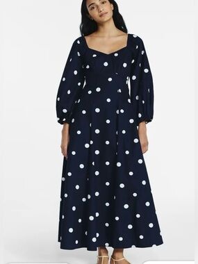 Women’s Navy Polka Dot Maxi Dress with Puff Sleeves